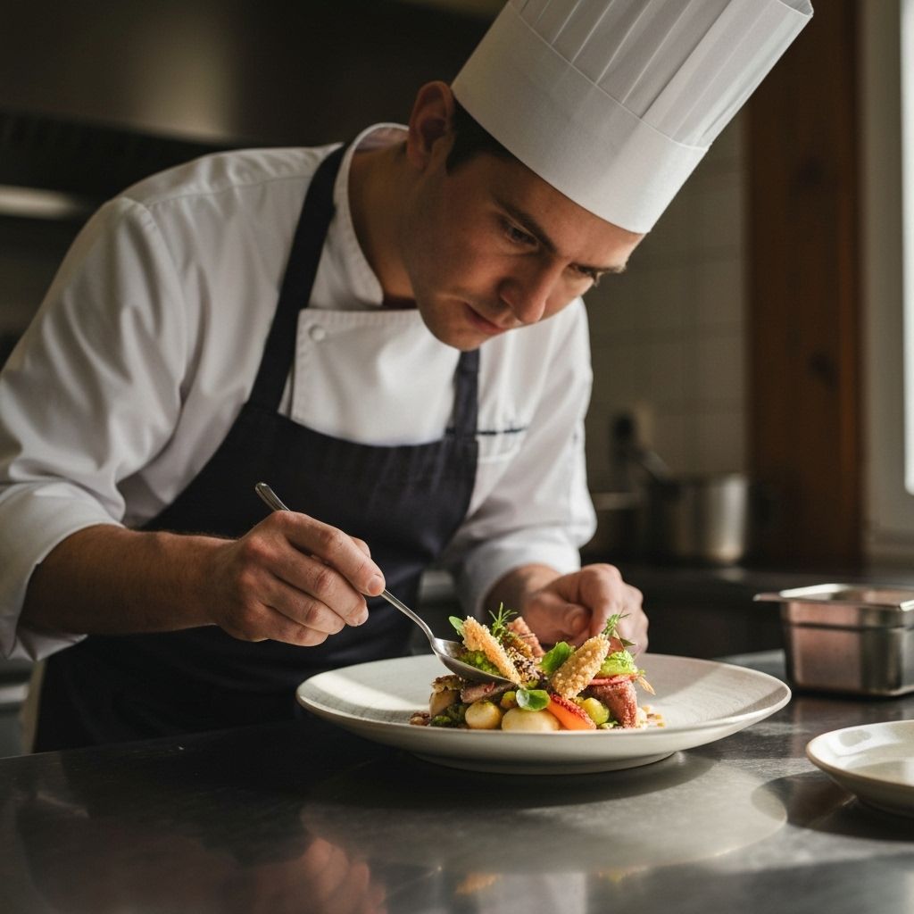 Chef emplantando plato gourmet con precisión