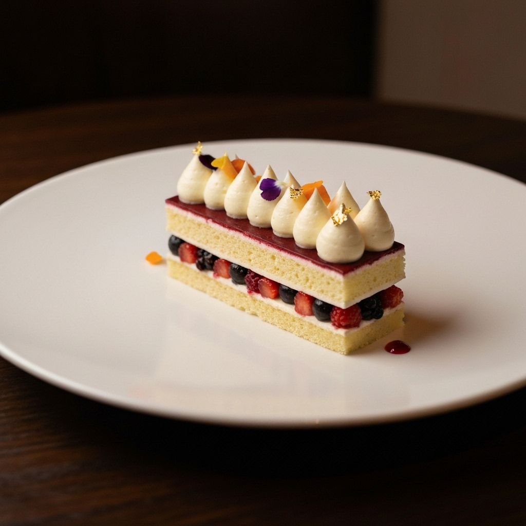 Postre gourmet con presentación elegante del restaurante Lumière